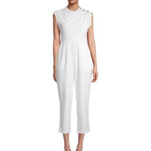 Cropped Jumpsuit in White with Button-Adorned Shoulder Size 2